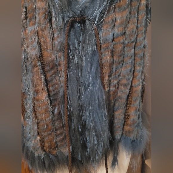 Vintage Dana Stein Collared Blue Brown Rabbit Racoon Fur Vest Coat Size XL - Picture 3 of 15